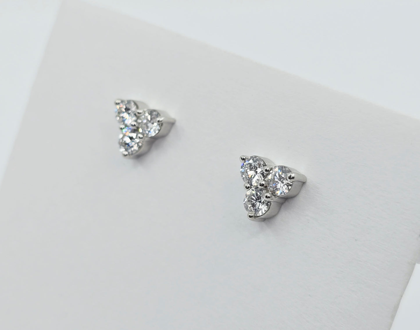 14K White Gold Three Stone Cluster Diamond Stud Earrings