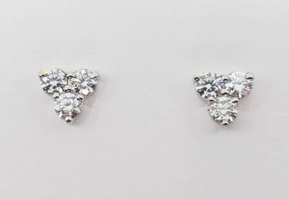 14K White Gold Three Stone Cluster Diamond Stud Earrings