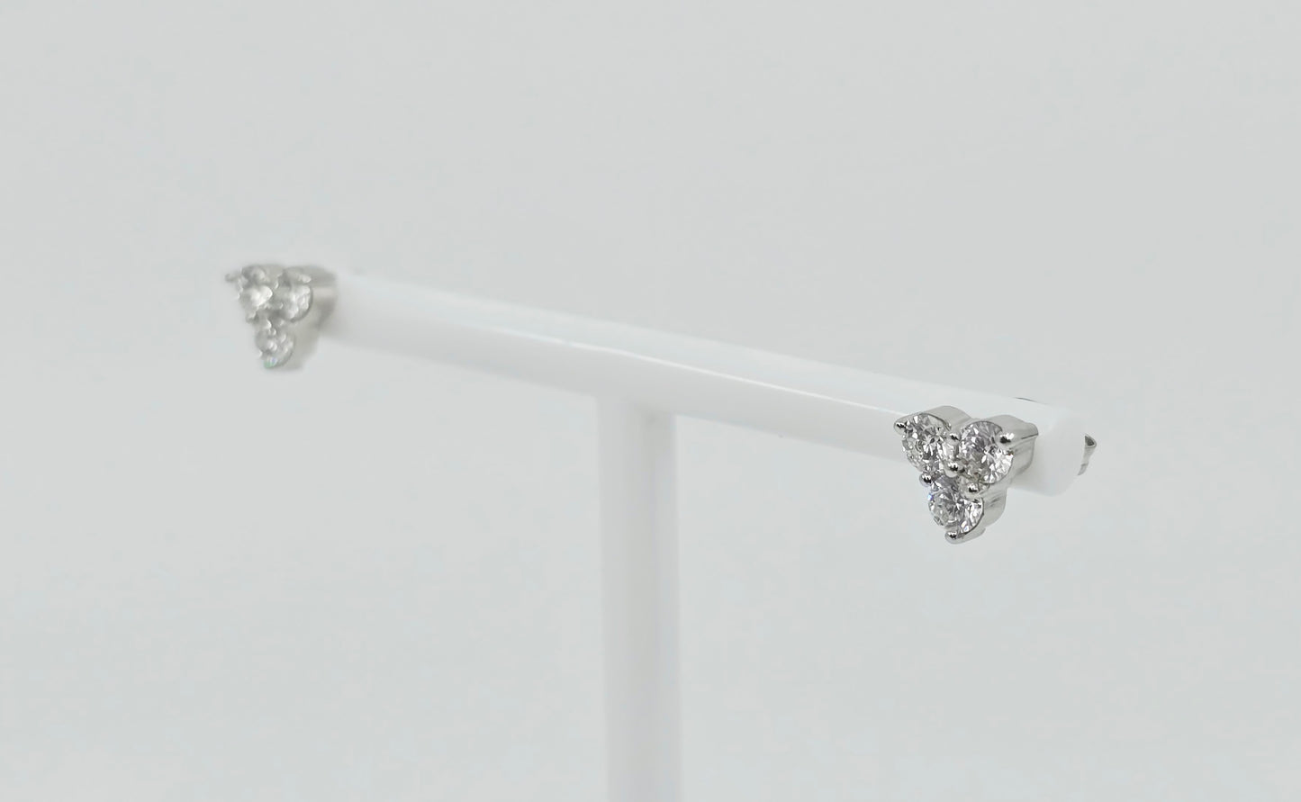 14K White Gold Three Stone Cluster Diamond Stud Earrings