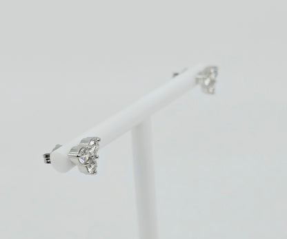 14K White Gold Three Stone Cluster Diamond Stud Earrings