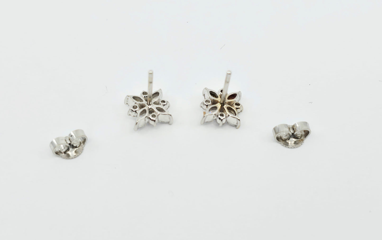 14K White Gold Marquise & Round Diamond Flower Stud Earrings