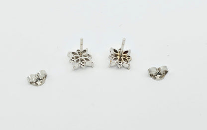 14K White Gold Marquise & Round Diamond Flower Stud Earrings