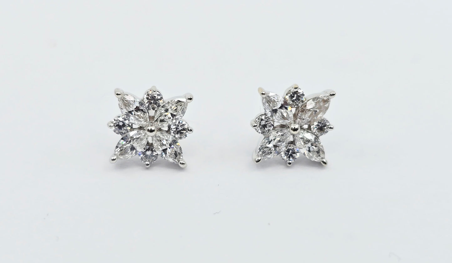 14K White Gold Marquise & Round Diamond Flower Stud Earrings