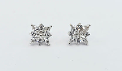 14K White Gold Marquise & Round Diamond Flower Stud Earrings