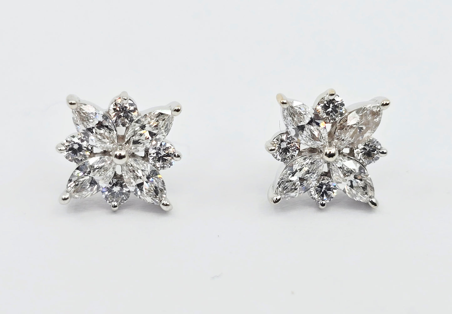 14K White Gold Marquise & Round Diamond Flower Stud Earrings