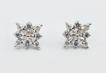 14K White Gold Marquise & Round Diamond Flower Stud Earrings