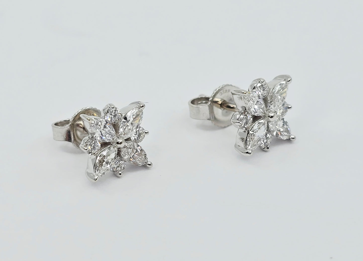 14K White Gold Marquise & Round Diamond Flower Stud Earrings