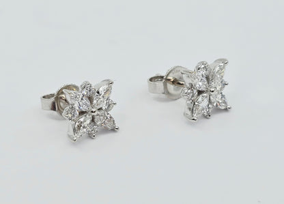 14K White Gold Marquise & Round Diamond Flower Stud Earrings