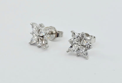 14K White Gold Marquise & Round Diamond Flower Stud Earrings