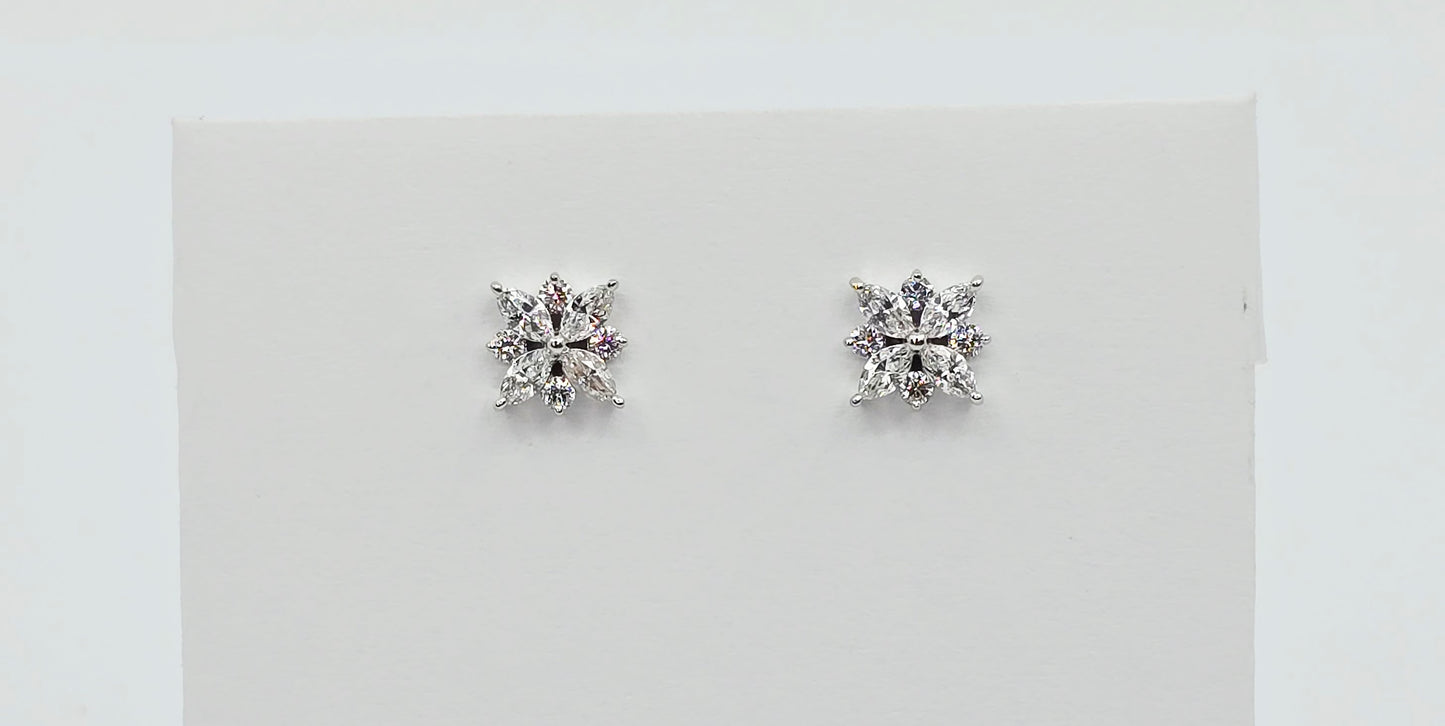 14K White Gold Marquise & Round Diamond Flower Stud Earrings