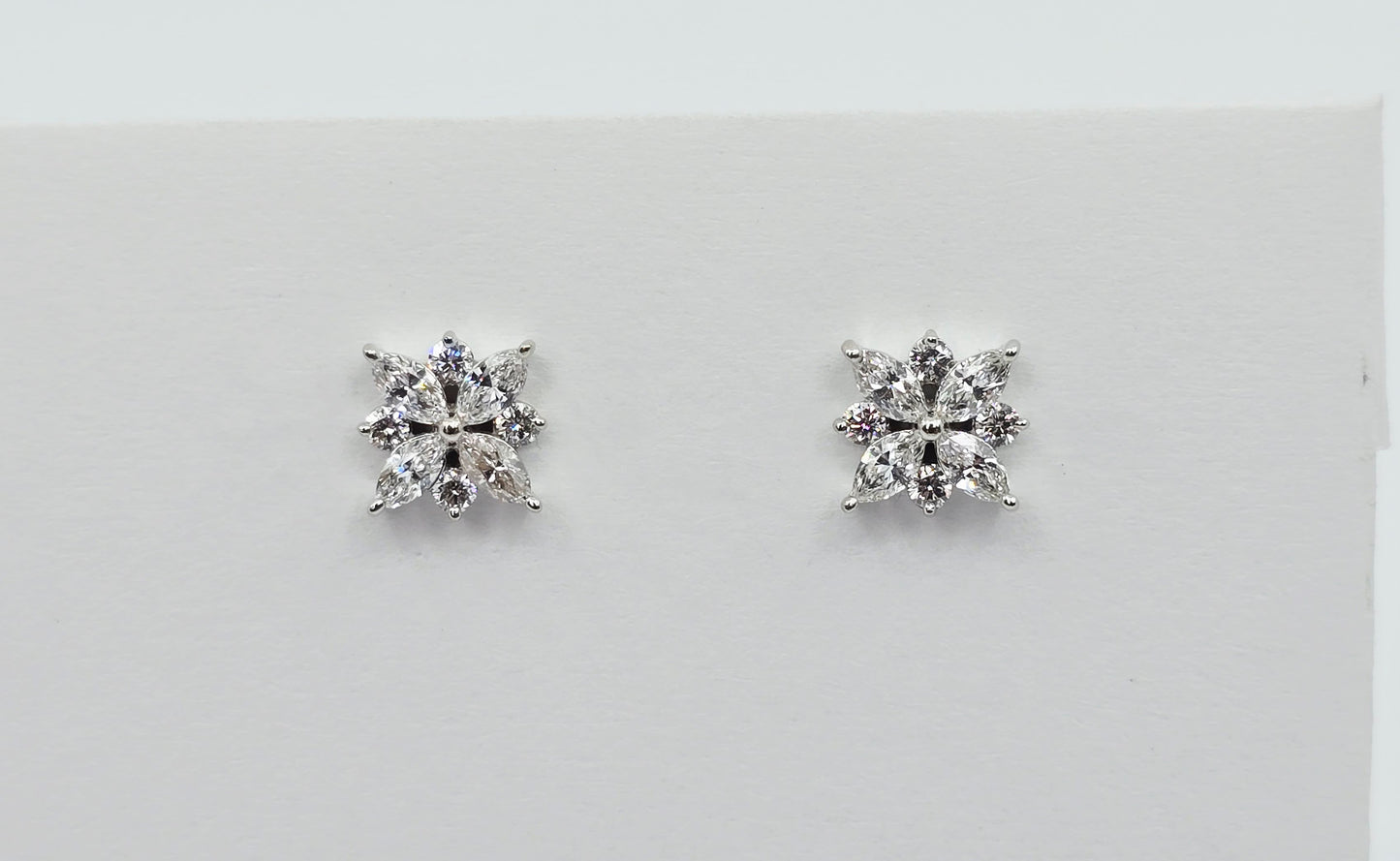 14K White Gold Marquise & Round Diamond Flower Stud Earrings