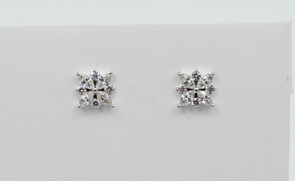 14K White Gold Marquise & Round Diamond Flower Stud Earrings