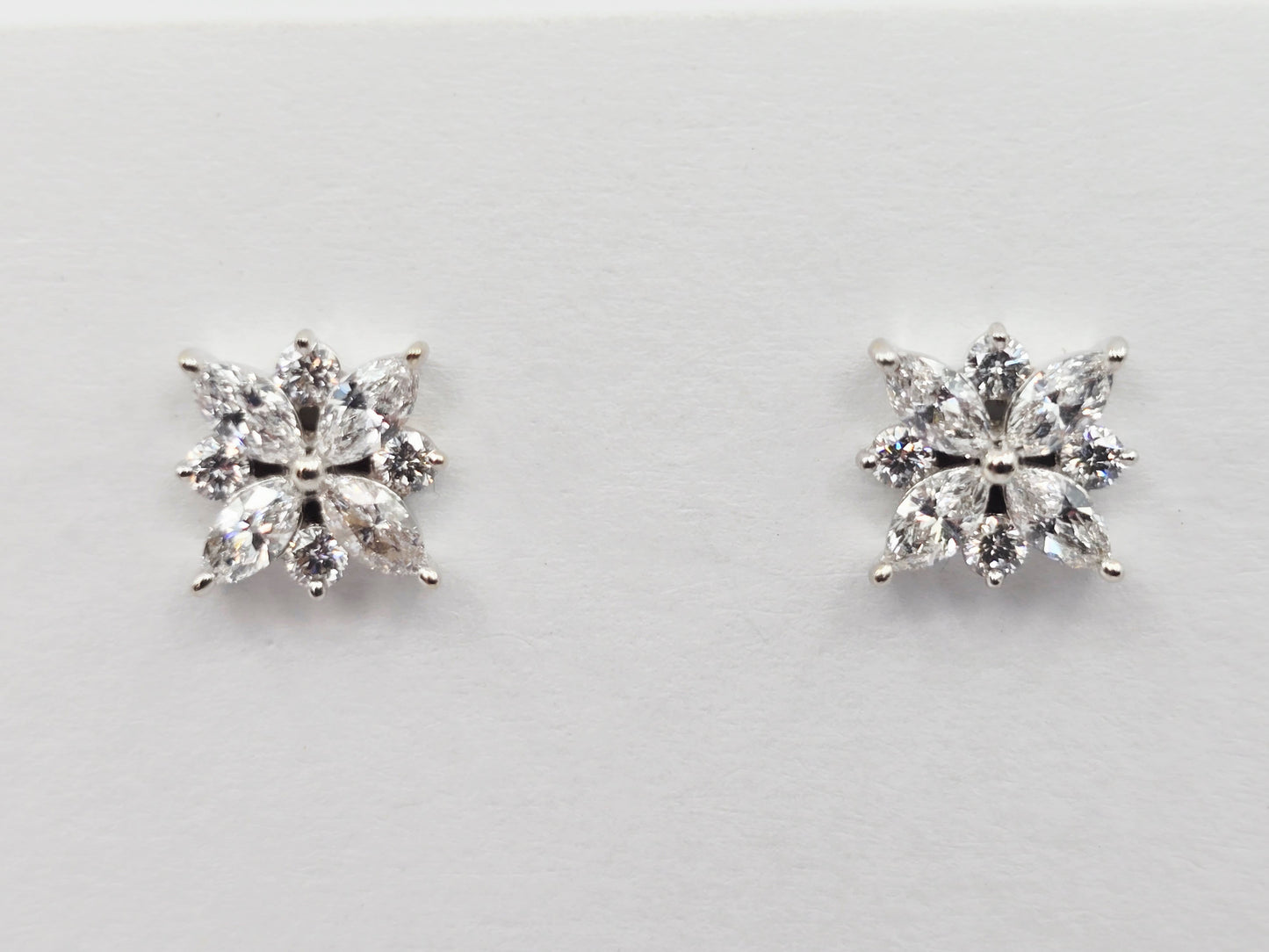 14K White Gold Marquise & Round Diamond Flower Stud Earrings