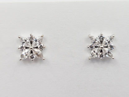 14K White Gold Marquise & Round Diamond Flower Stud Earrings