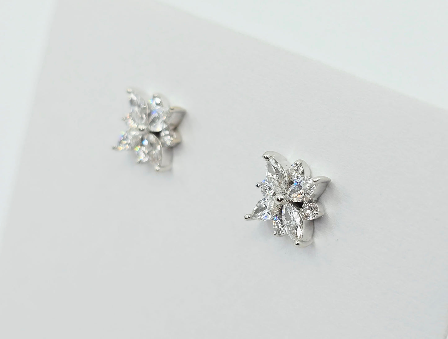 14K White Gold Marquise & Round Diamond Flower Stud Earrings