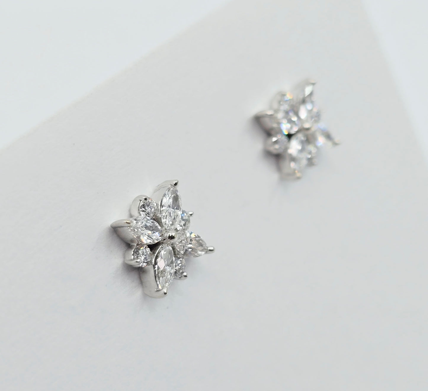 14K White Gold Marquise & Round Diamond Flower Stud Earrings