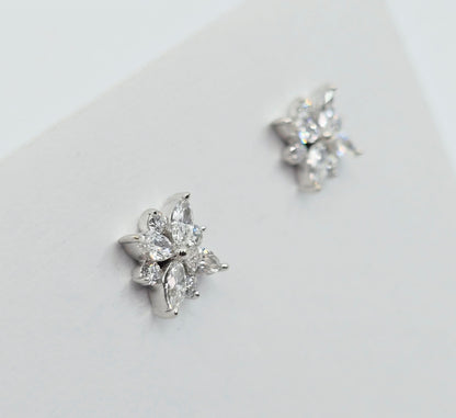 14K White Gold Marquise & Round Diamond Flower Stud Earrings