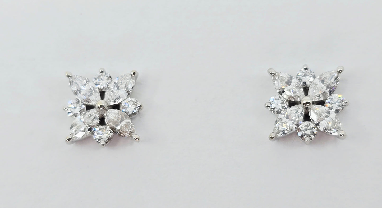 14K White Gold Marquise & Round Diamond Flower Stud Earrings