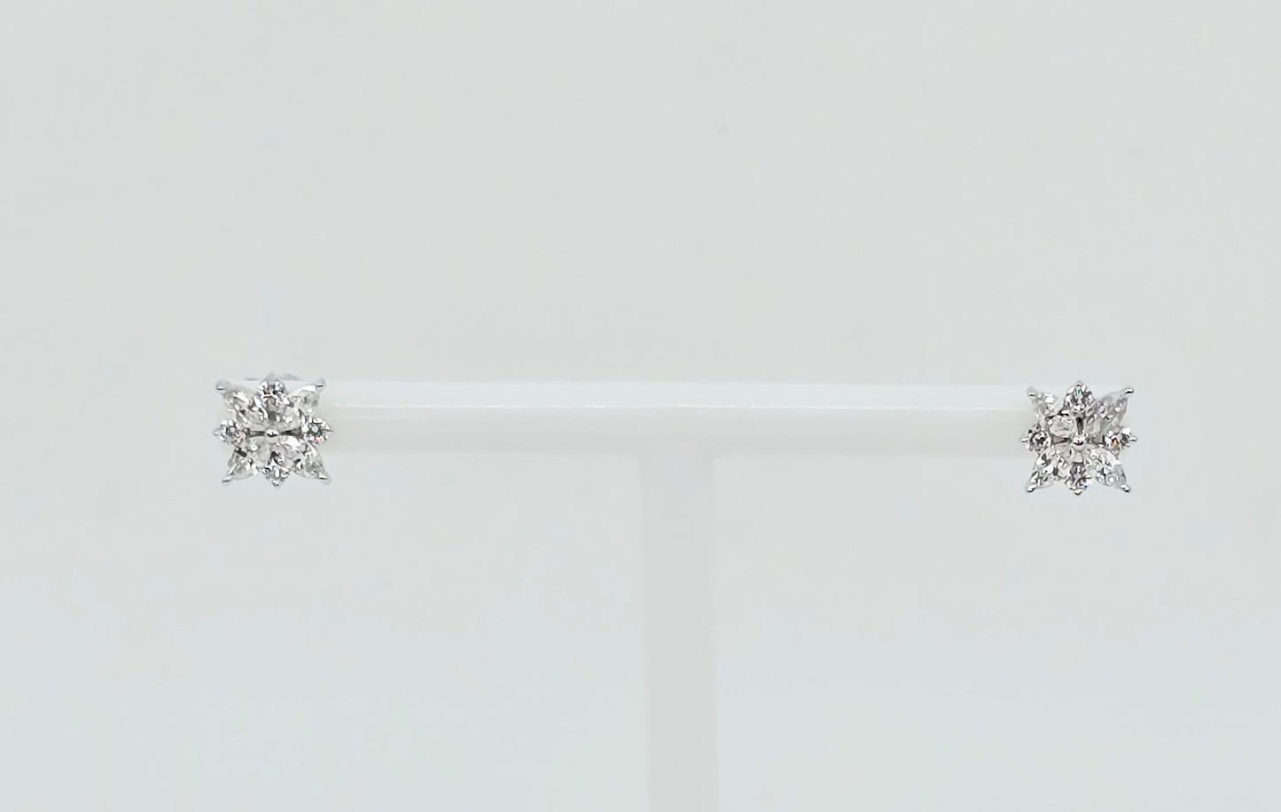 14K White Gold Marquise & Round Diamond Flower Stud Earrings