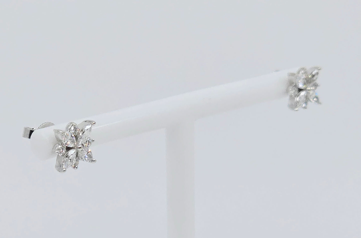 14K White Gold Marquise & Round Diamond Flower Stud Earrings