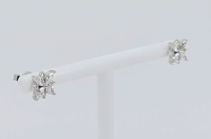 14K White Gold Marquise & Round Diamond Flower Stud Earrings