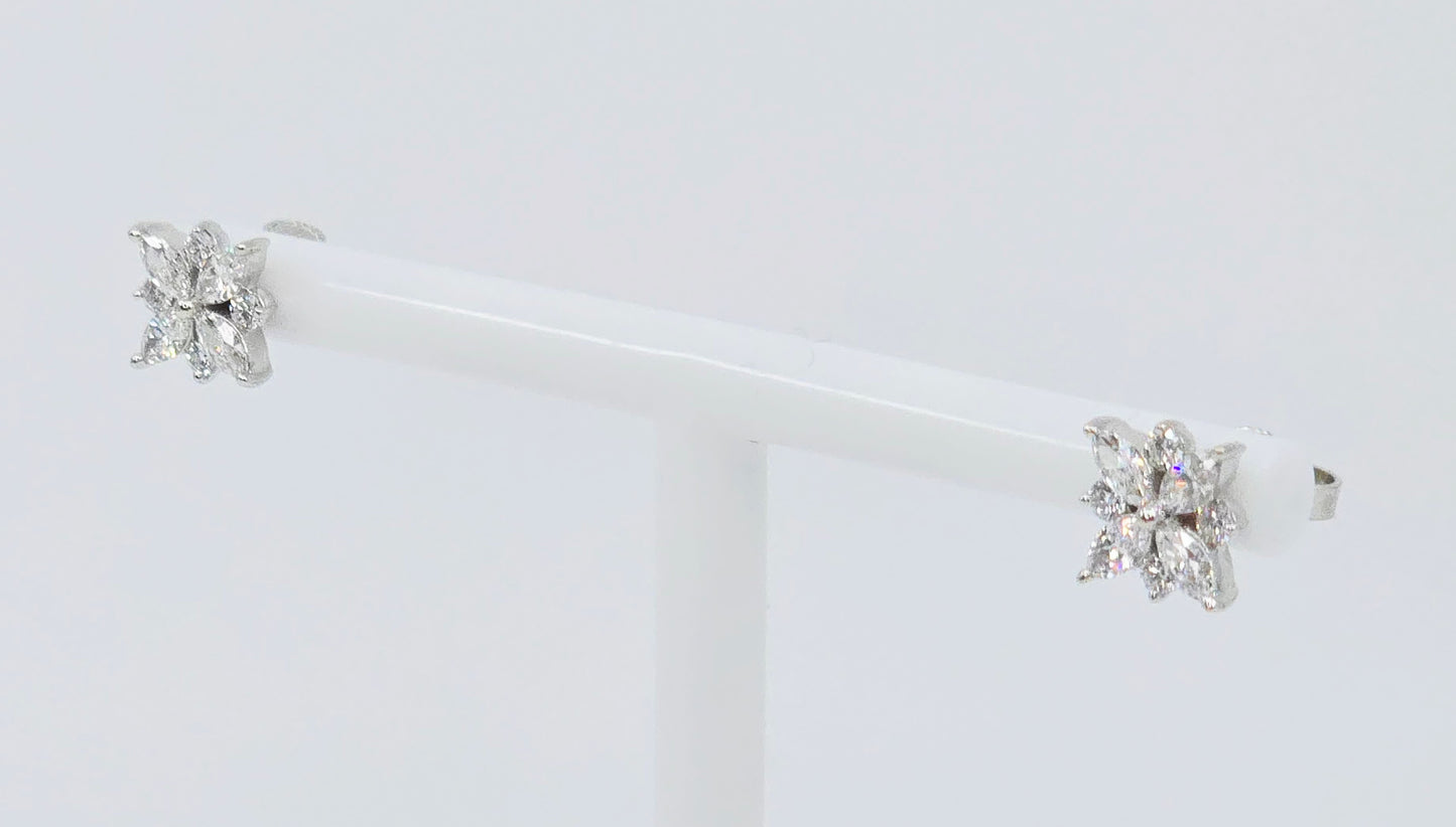 14K White Gold Marquise & Round Diamond Flower Stud Earrings