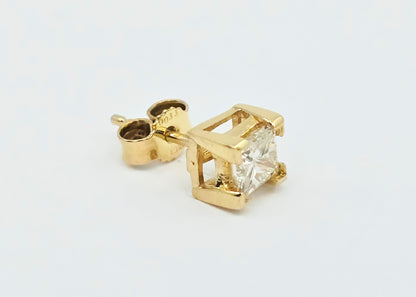 18K Yellow Gold Single Princess Cut White Diamond Stud Earring