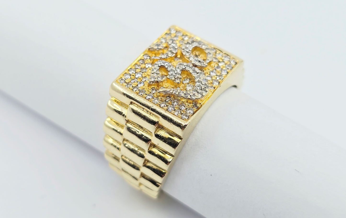 10K Yellow Gold Men's Diamond Cluster Rolex Style OM Ring