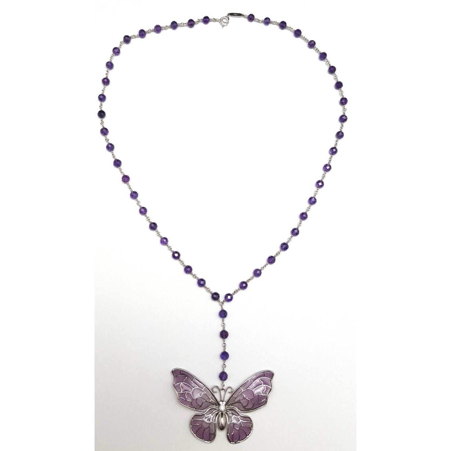 Tiffany & Co 18K White Gold Amethyst Diamond Enamel Butterfly Pendant Necklace