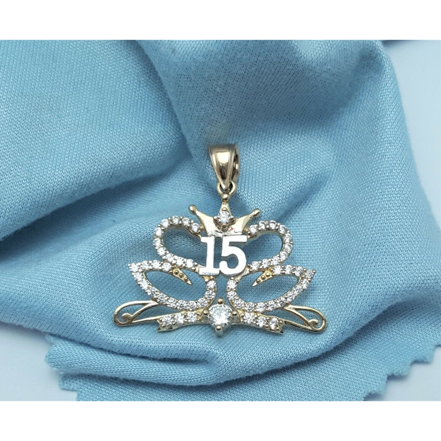 14K Solid Two Tone Gold Quinceañera " 15 " CZ Pendant Charm