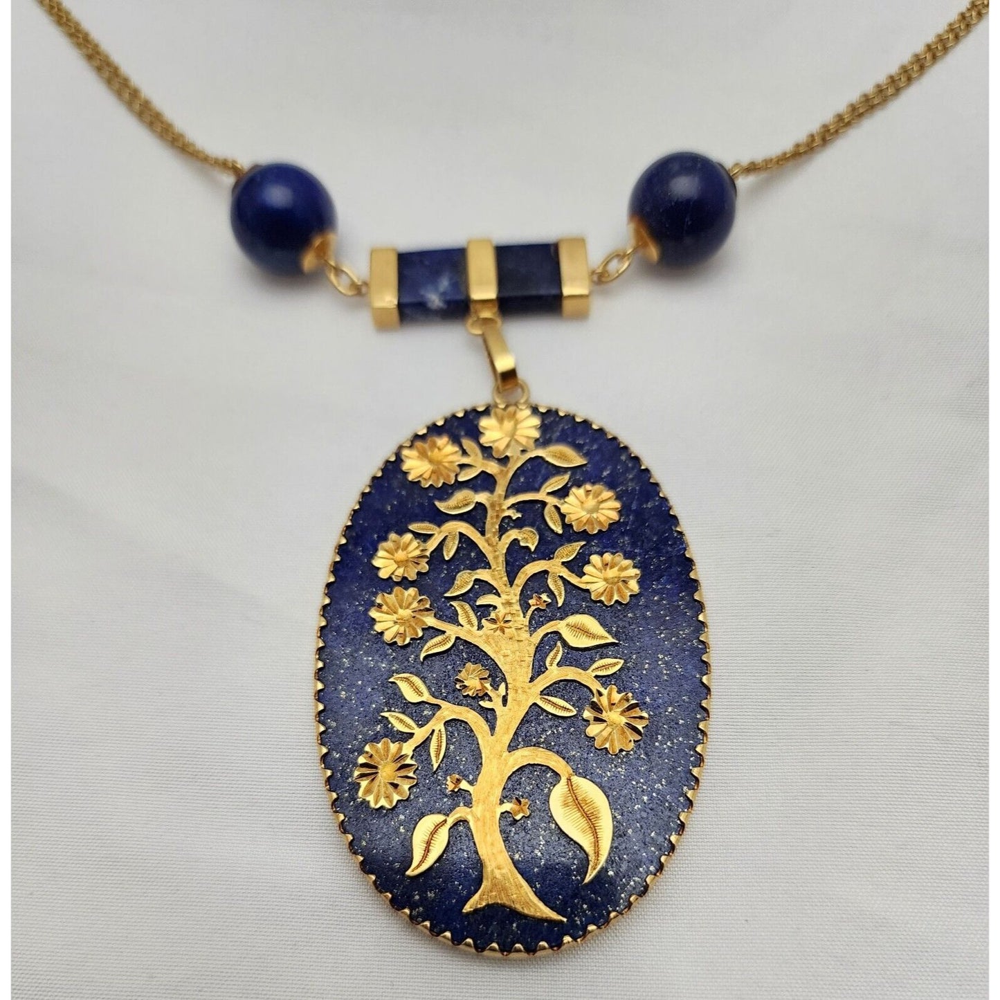 18K Solid Yellow Gold Floral Lapis Lazuli Bead Ball Link Chain Necklace