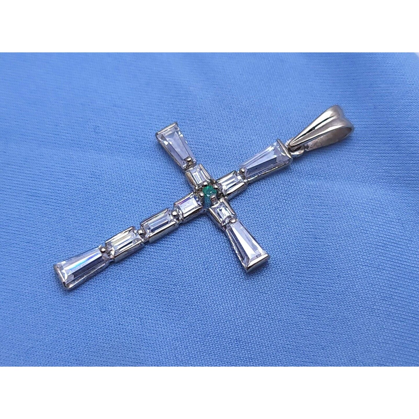 14K White Gold Religious Emerald & CZ Cross Pendant