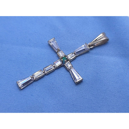 14K White Gold Religious Emerald & CZ Cross Pendant