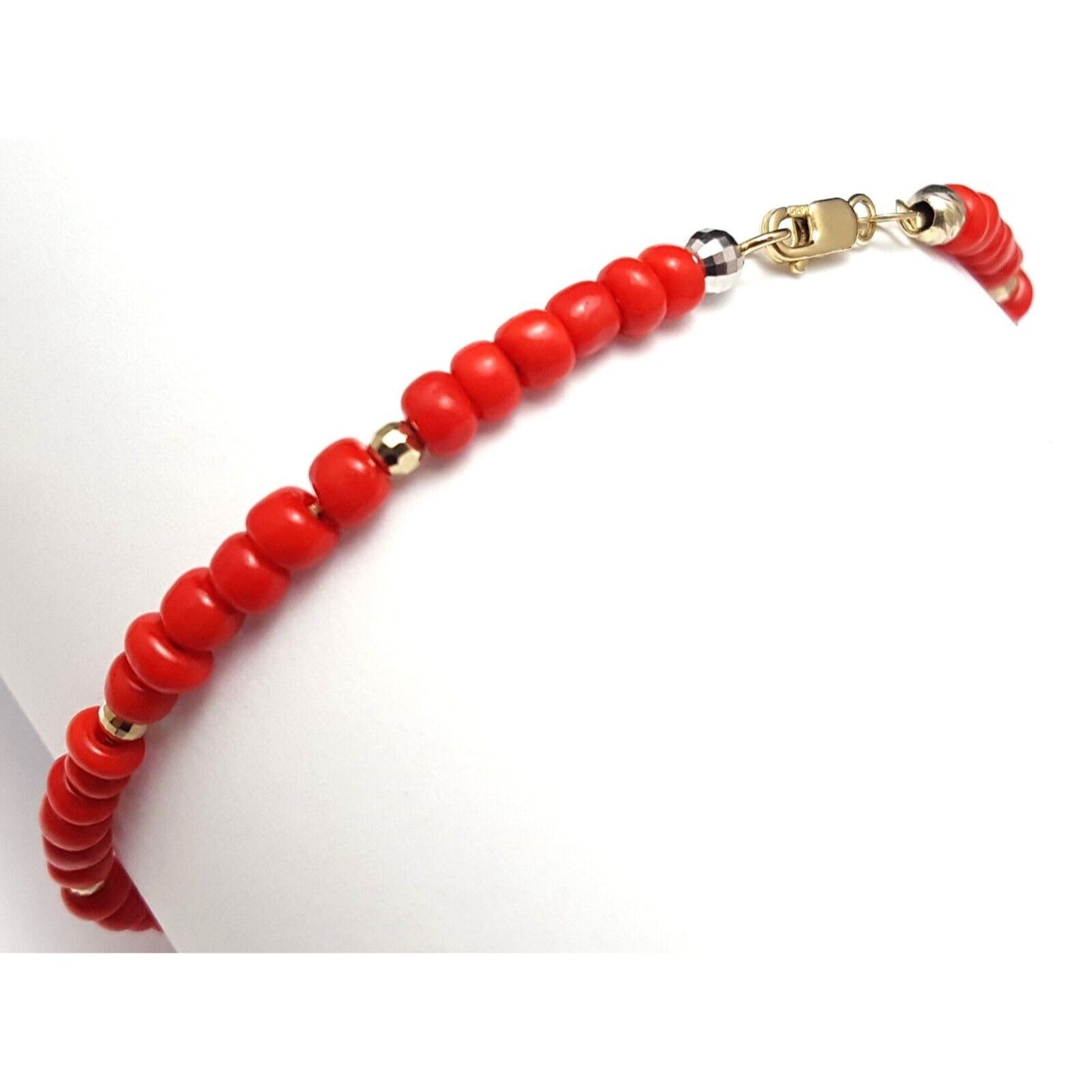 14K Solid Yellow Gold Red Coral Box Link Bracelet