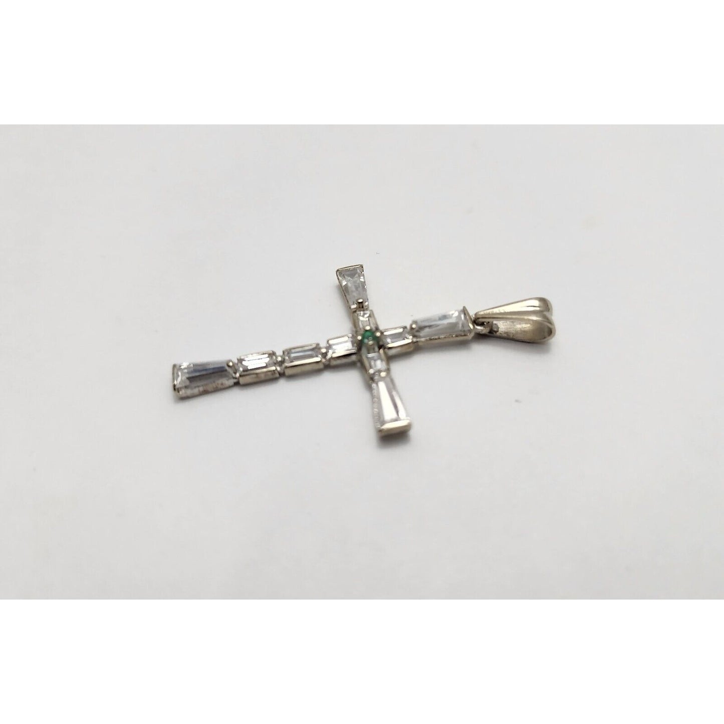 14K White Gold Religious Emerald & CZ Cross Pendant