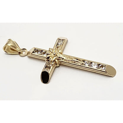 14K Solid Yellow Gold Jesus On Cross CZ Charm Pendant