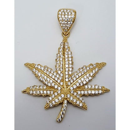 10K Solid Yellow Gold Cubic Zirconia Marijuana Leaf Weed Charm Pendant