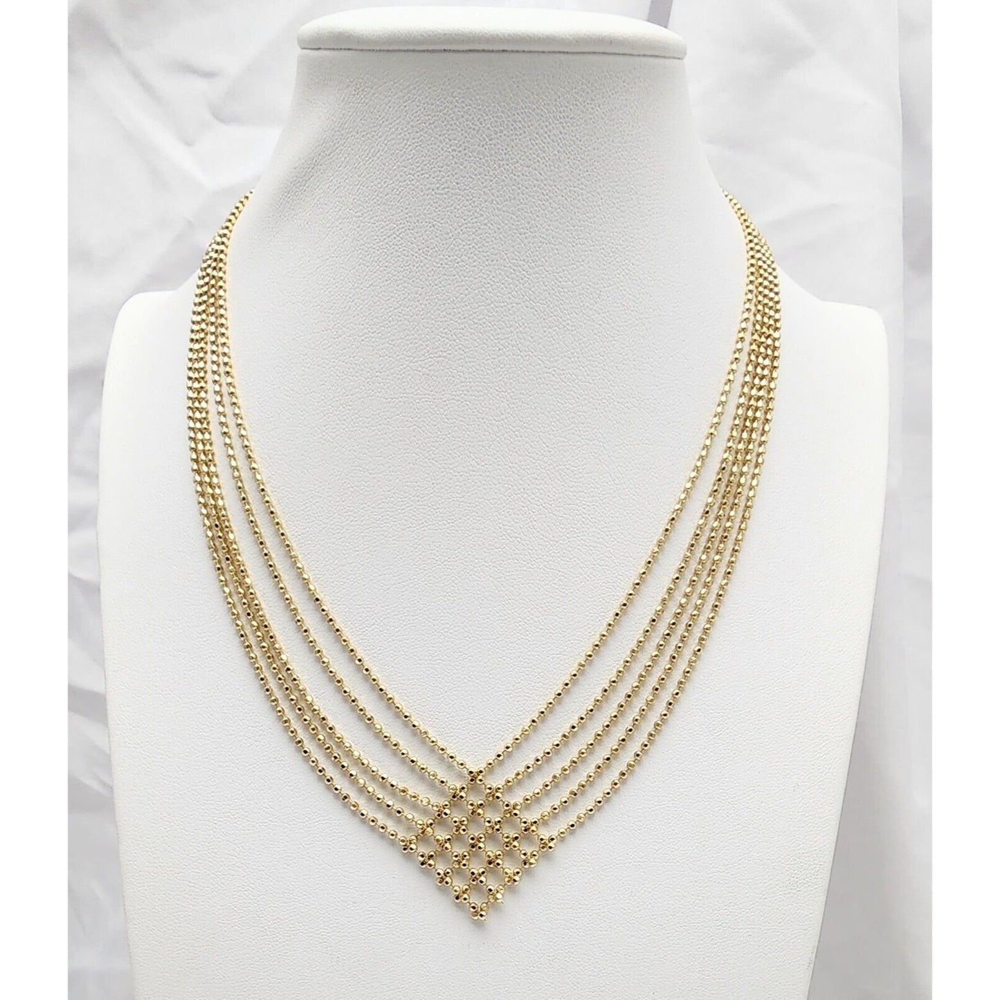 14K Yellow Gold Multi Layered 5 Strands Line Bead Ball Chain Necklace