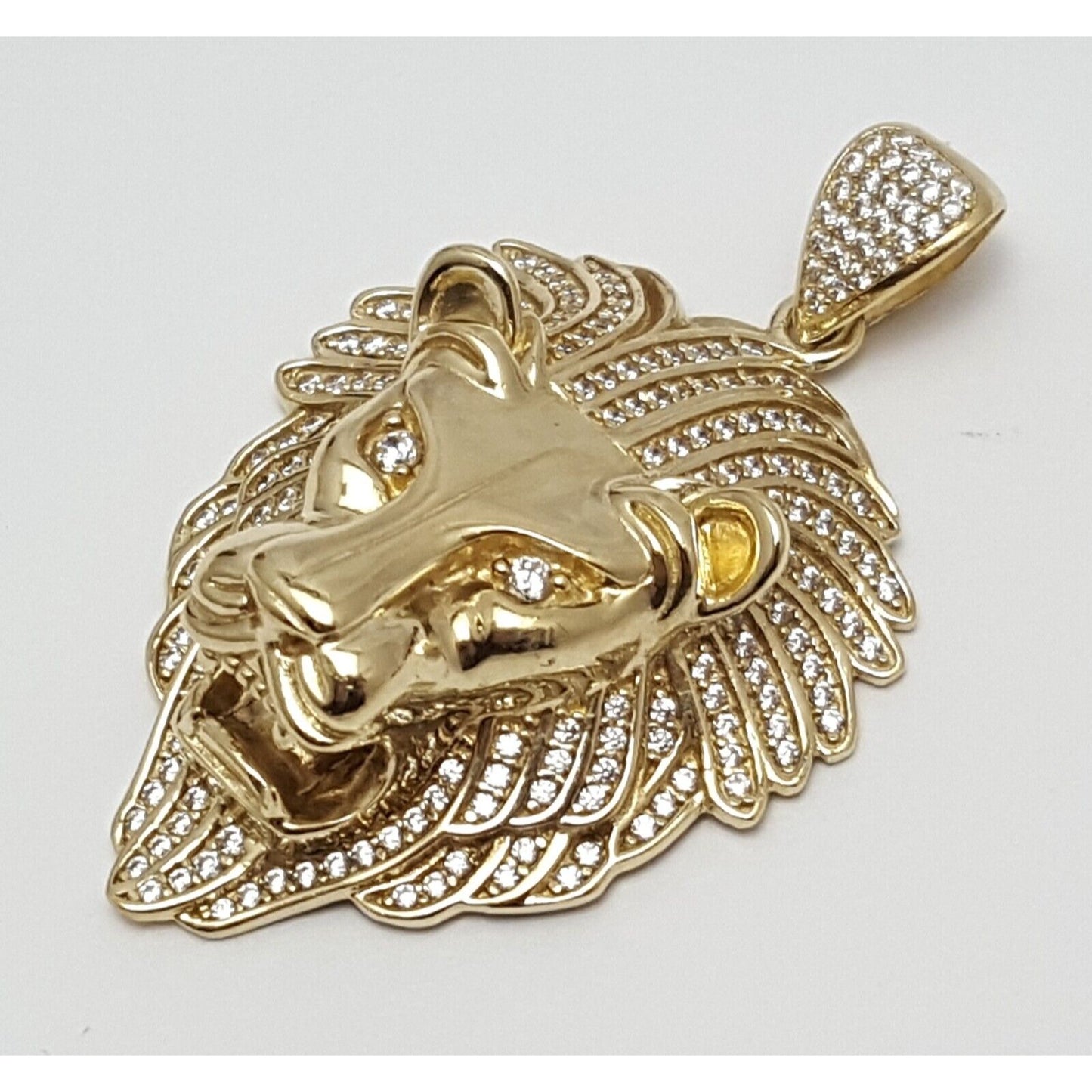 10K Solid Yellow Gold 3D Cubic Zirconia Lion Head Charm Pendant