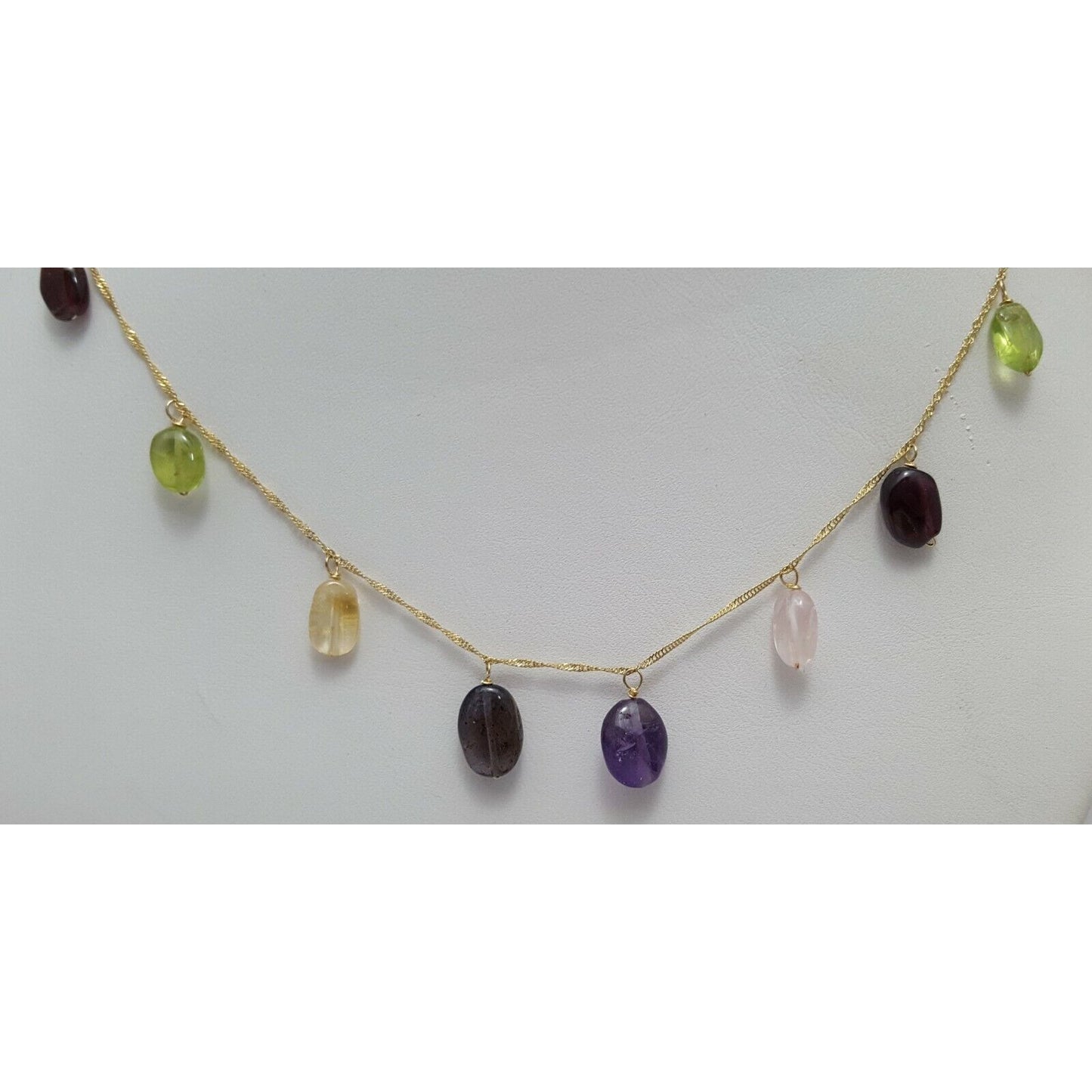 18K Yellow Gold Multi Colored Gemstones Garnet Peridot Amethyst Chain Necklace