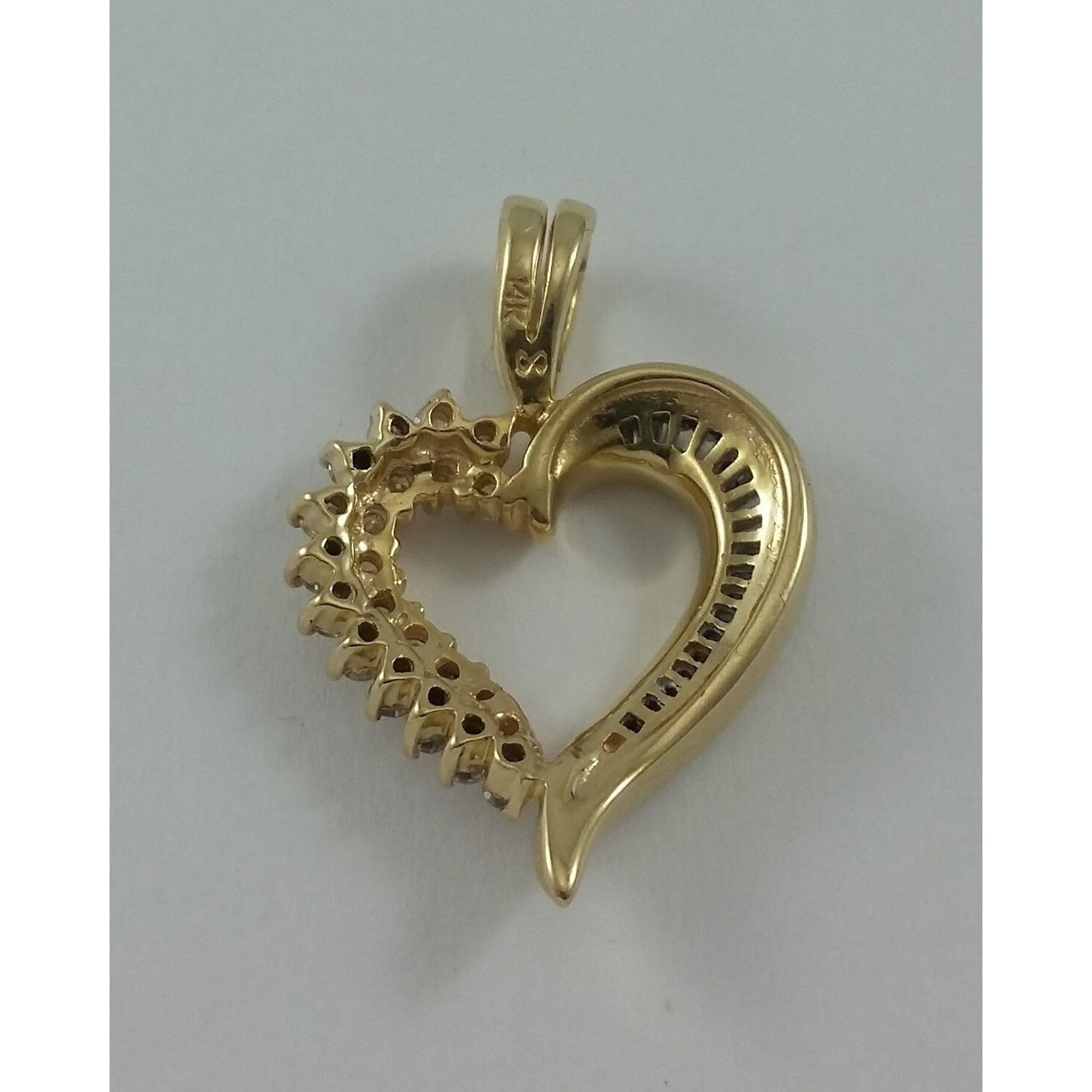 14K Solid Yellow Gold Open Heart Round & Baguette Diamond Charm Pendant