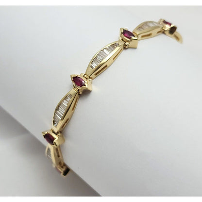 14K Solid Yellow Gold Designer Ruby & Diamond Tennis Link Bracelet