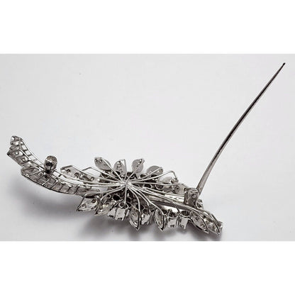 Vintage 10K White Gold Flowers Leaf Old Cut Diamond Brooch Pin