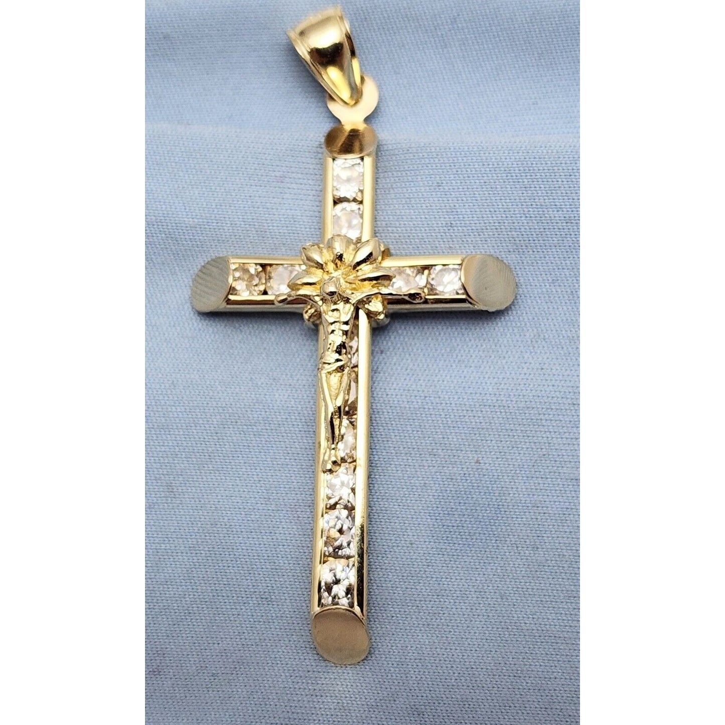 14K Solid Yellow Gold Jesus On Cross CZ Charm Pendant