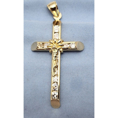 14K Solid Yellow Gold Jesus On Cross CZ Charm Pendant