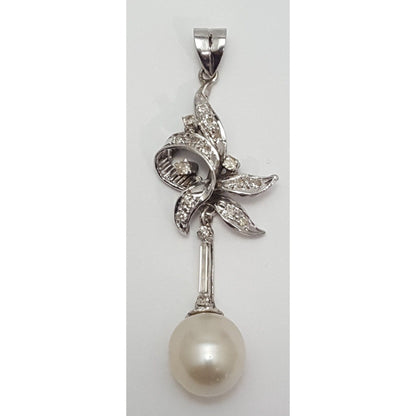 14K Solid White Gold Pearl & Diamond Drop Dangle Charm Pendant