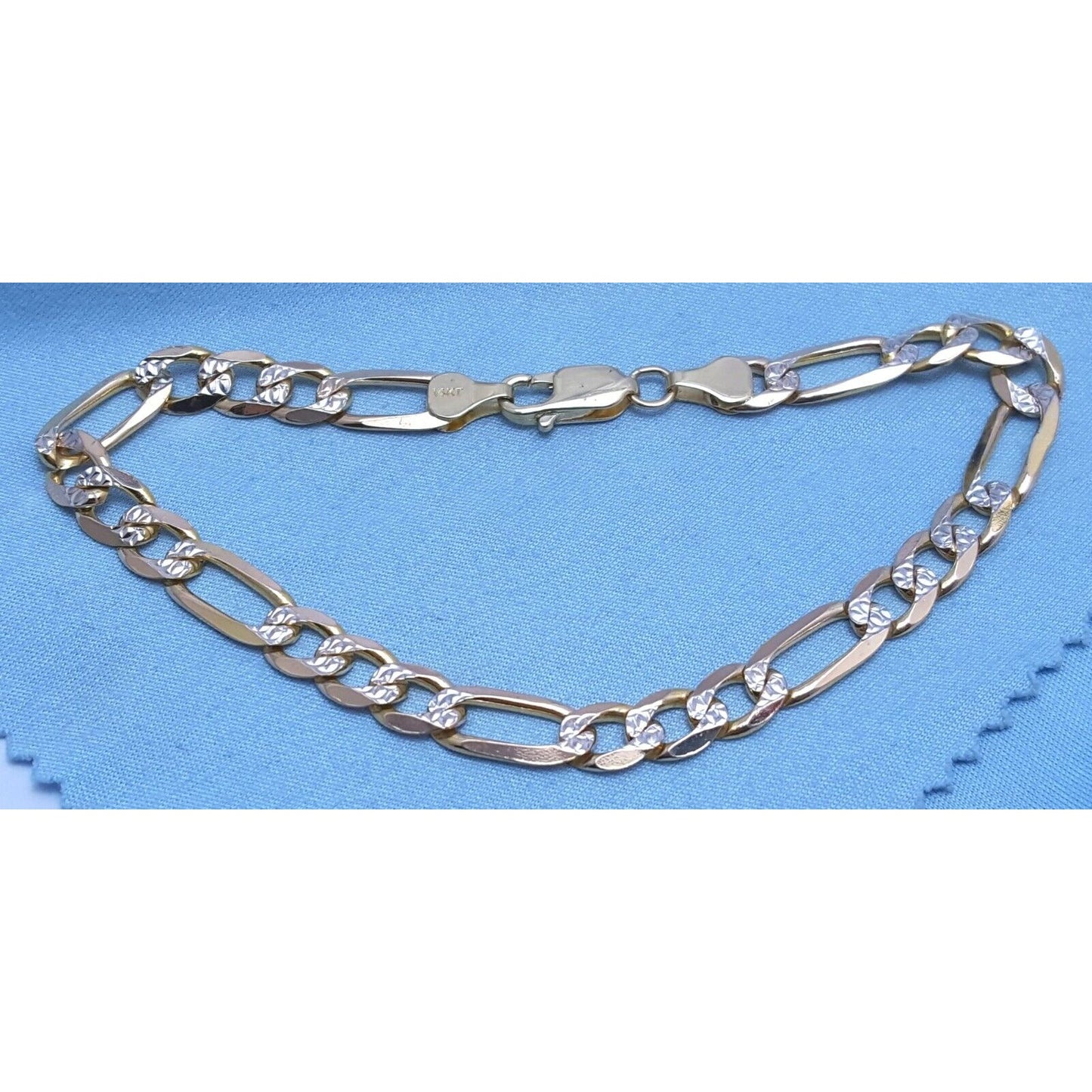 14K Solid Multi Tone Gold Diamond Cut Figaro Link Bracelet