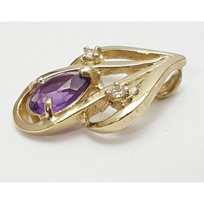 14K Solid Yellow Gold Amethyst & Diamond Drop Charm Pendant