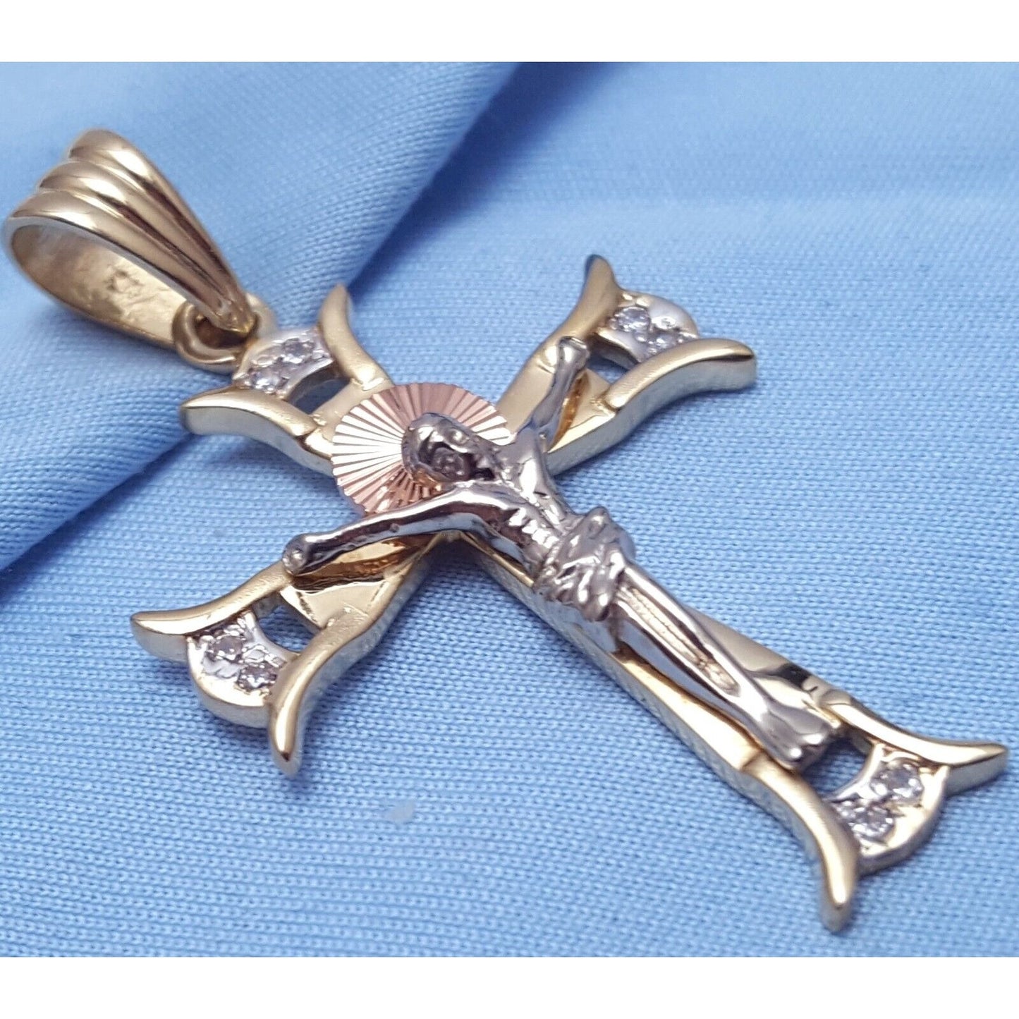 14K Solid Two Tone Gold Jesus on Cross Cubic Zirconia Charm Pendant