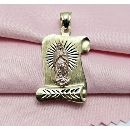 14K Two Tone Gold Religious Scroll Saint Mary Charm Pendant